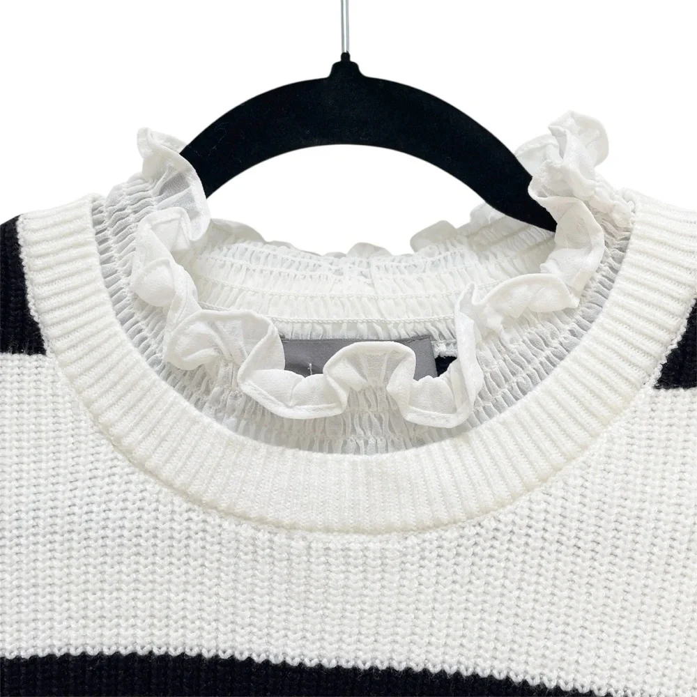 ANTHROPOLOGIE Ruffle Collar Sweater White Black Striped Pullover Medium NWT - Picture 9 of 13